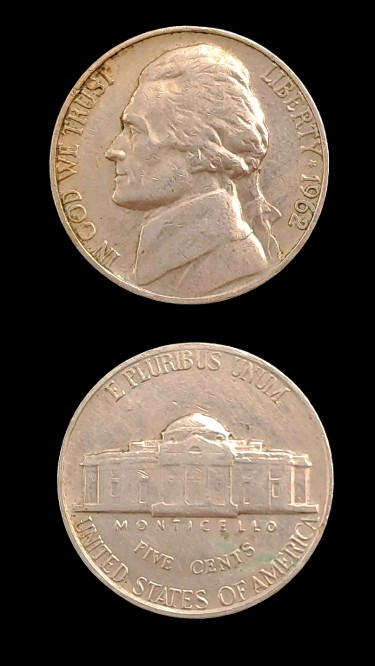 1962 United States of America 5 Cents "Jefferson Nickel" 1st portrait