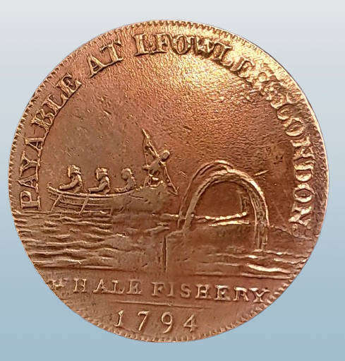 Antique 1794 (264 year old coin)  United Kingdom ½ Penny Middlesex - Fowler's Whale Fishery