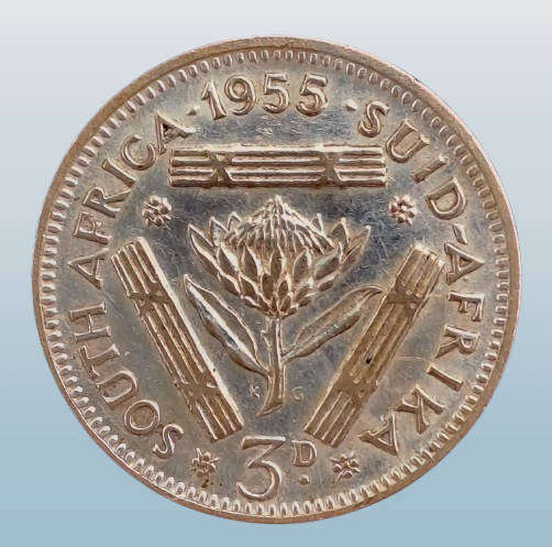 1955 South Africa Silver (.500) 3 Pence - Elizabeth II 1st portrait