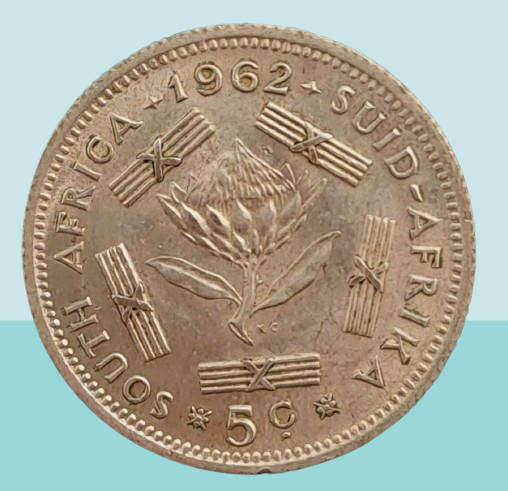 1962 South Africa  Silver (.500) 5 Cents 1st decimal series