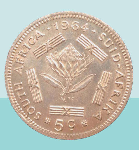 1964 South Africa  Silver (.500) 5 Cents 1st decimal series