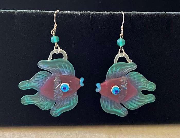 Large Vintage Sterling Silver Turquoise & Purple Glass FISH Pierced Earrings