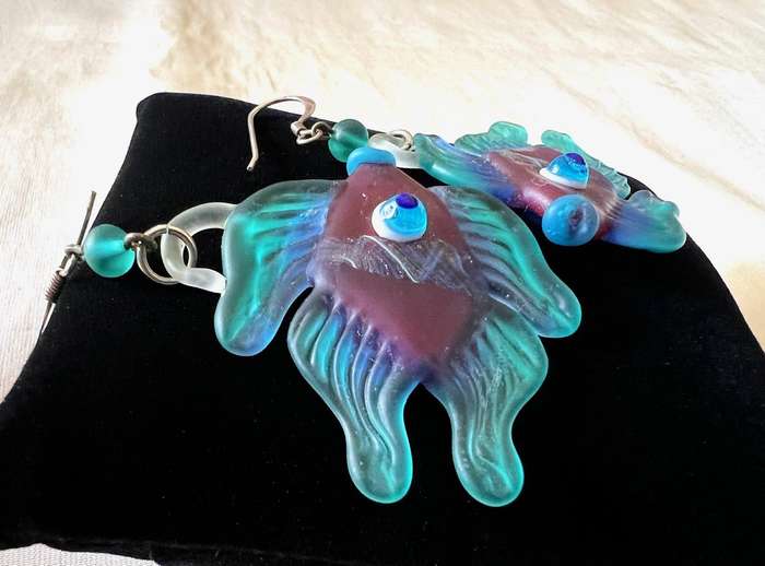 Large Vintage Sterling Silver Turquoise & Purple Glass FISH Pierced Earrings