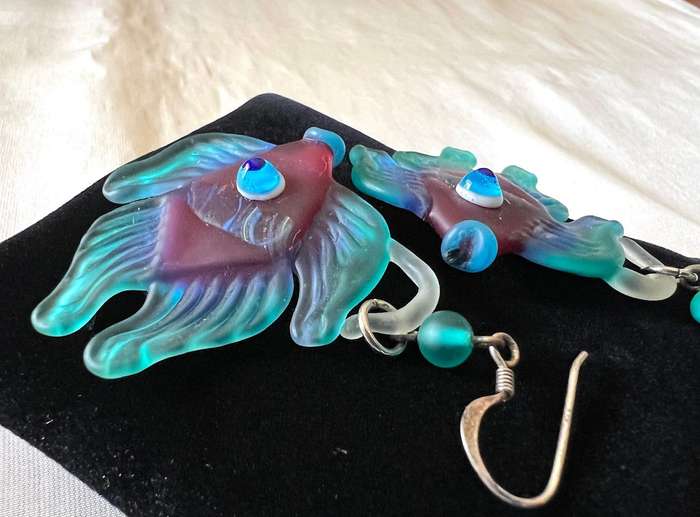 Large Vintage Sterling Silver Turquoise & Purple Glass FISH Pierced Earrings