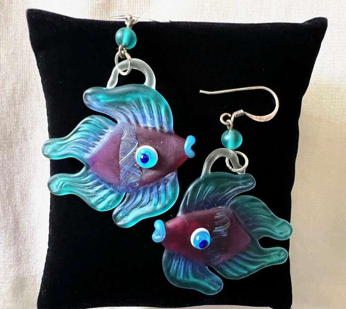 Large Vintage Sterling Silver Turquoise & Purple Glass FISH Pierced Earrings