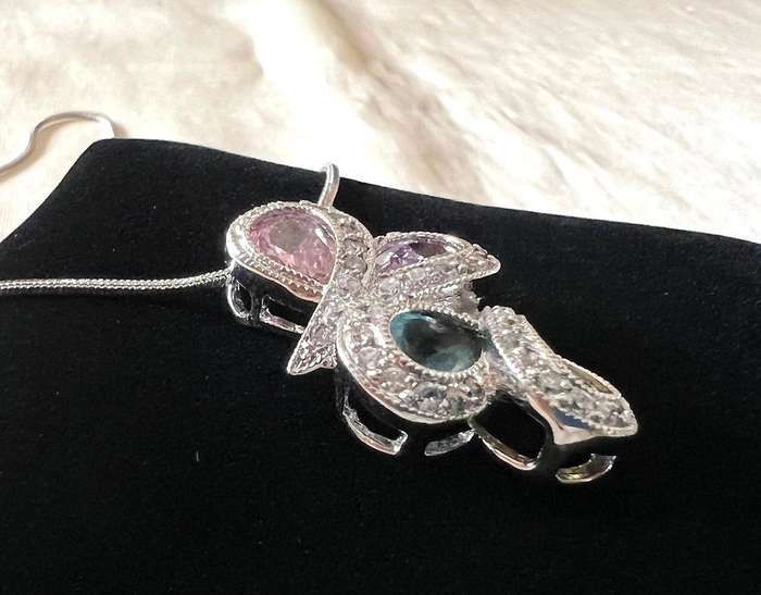 Pre-Loved Silver Tone Snake Chain Necklace w/ Pastel Colour Rhinestones Pendant