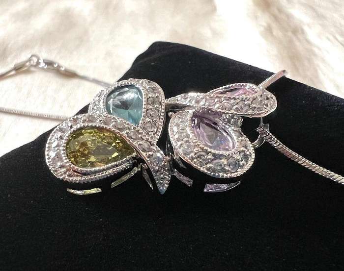 Pre-Loved Silver Tone Snake Chain Necklace w/ Pastel Colour Rhinestones Pendant