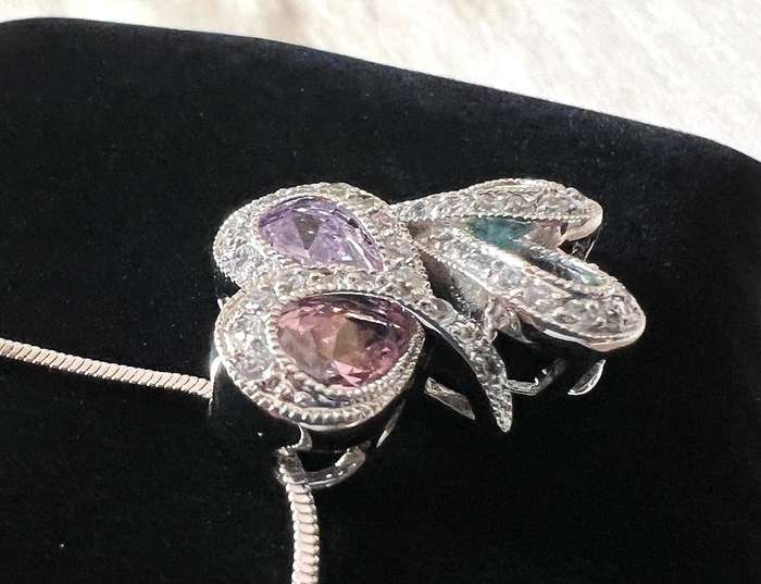 Pre-Loved Silver Tone Snake Chain Necklace w/ Pastel Colour Rhinestones Pendant