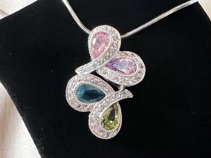 Pre-Loved Silver Tone Snake Chain Necklace w/ Pastel Colour Rhinestones Pendant