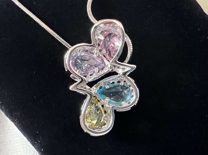 Pre-Loved Silver Tone Snake Chain Necklace w/ Pastel Colour Rhinestones Pendant