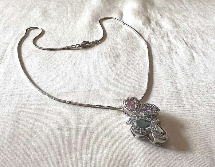 Pre-Loved Silver Tone Snake Chain Necklace w/ Pastel Colour Rhinestones Pendant