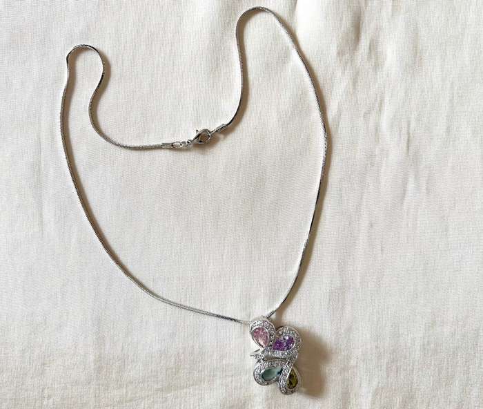 Pre-Loved Silver Tone Snake Chain Necklace w/ Pastel Colour Rhinestones Pendant