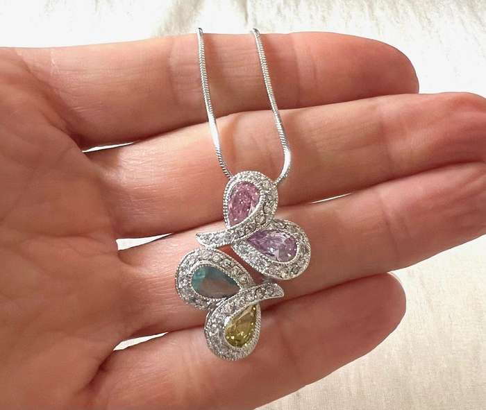 Pre-Loved Silver Tone Snake Chain Necklace w/ Pastel Colour Rhinestones Pendant