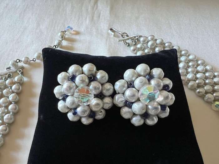1950s Vintage 5-String Layered Faux Pearls & Aurora Borealis Beads Necklace & Clip Earrings