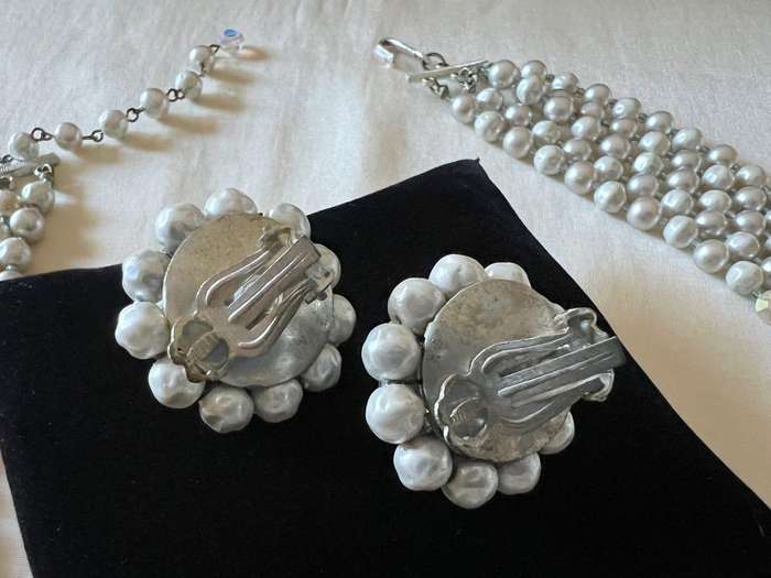 1950s Vintage 5-String Layered Faux Pearls & Aurora Borealis Beads Necklace & Clip Earrings