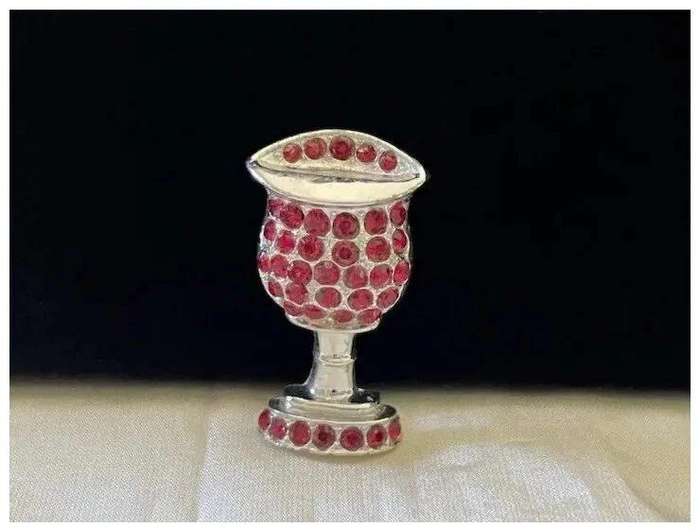 1950s Vintage Signed Silver Tone Red Rhinestones CHALICE WINE GOBLET Brooch by ORA