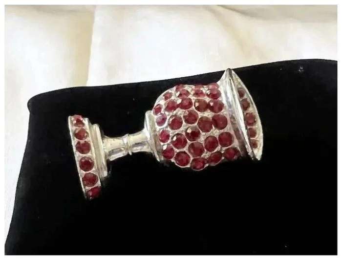 1950s Vintage Signed Silver Tone Red Rhinestones CHALICE WINE GOBLET Brooch by ORA