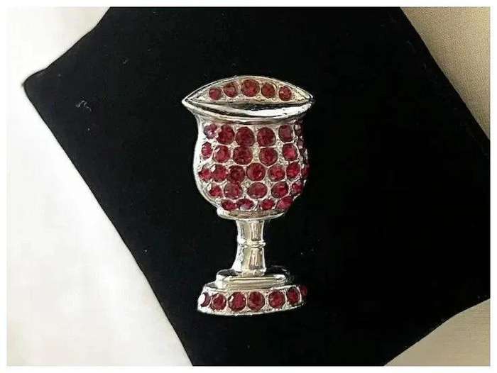 1950s Vintage Signed Silver Tone Red Rhinestones CHALICE WINE GOBLET Brooch by ORA