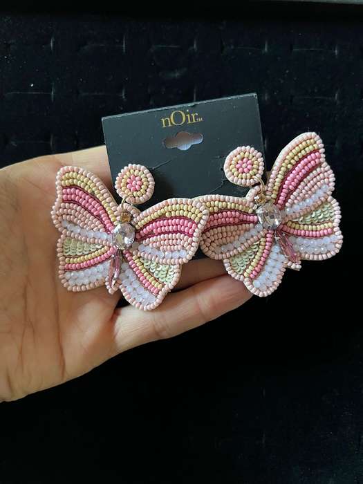 Large Pre-Loved Pink Rhinestones & Pink Yellow Seeds BUTTERFLY Pierced Earrings