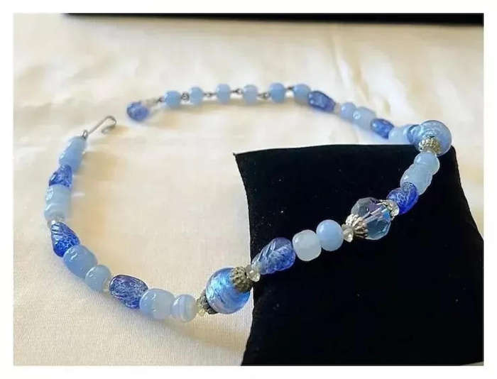 1950s Vintage Single String Blue Art Glass Beads Choker Length Necklace by CORO