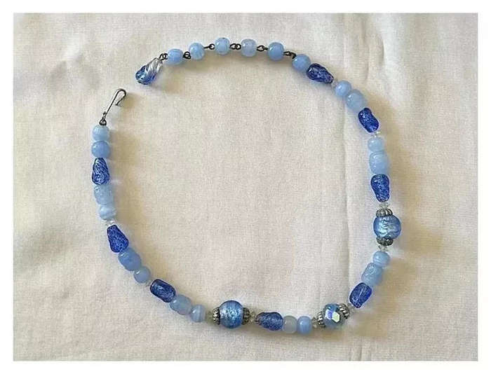 1950s Vintage Single String Blue Art Glass Beads Choker Length Necklace by CORO