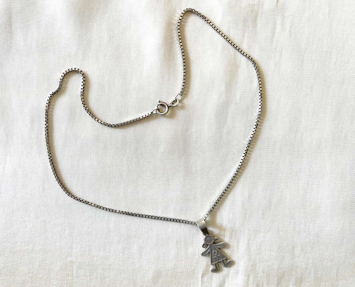 Vintage Sterling Silver Box Chain Choker Length Necklace w/ GIRL Female Symbol Pendant