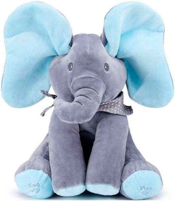 Plush Elephant Soft Toy, Grey and Blue, Interactive Musical Baby Toy