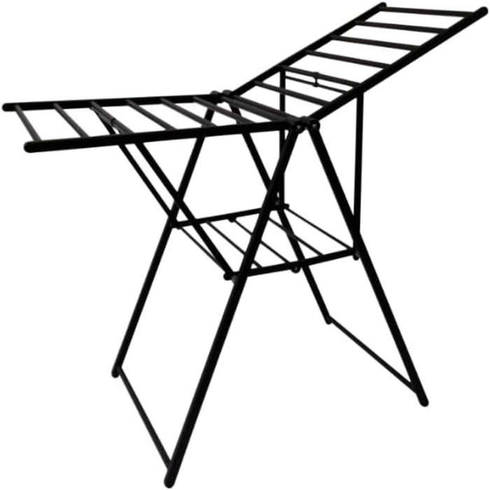 Heavy Aluminum Foldable Laundry Drying Rack, Black Metal, Expandable Wings, Indoor