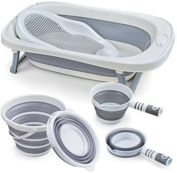 Foldable Travel Baby Bath Set Tub 4 in 1 for Infants to Toddler 0-36 Month (Grey)