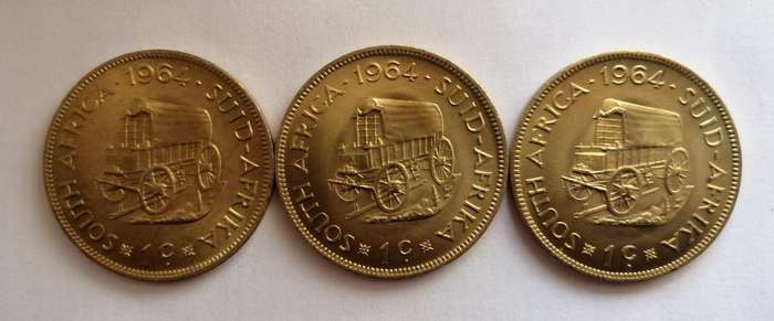Lot of 3 x 1964 South Africa 1 Cent Coins  Jan van Riebeeck  UNC