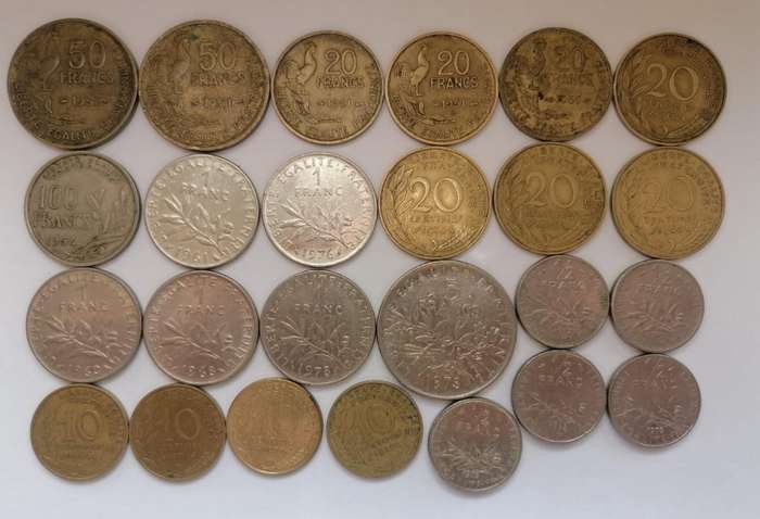 Lot of 25 Vintage French Coins  50F, 100F, 20F, 10F, 5F, 1F & ½F  Mixed Years (1950s1980's)