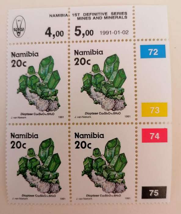 Namibia 1991 "Dioptase" Stamp Block  20c x4 | Mines & Minerals Series