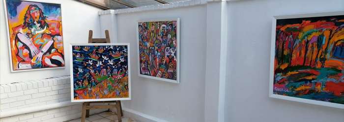 Elwin Buchel Acrylic Painting - Marina Cats  670mmx980mm Framed