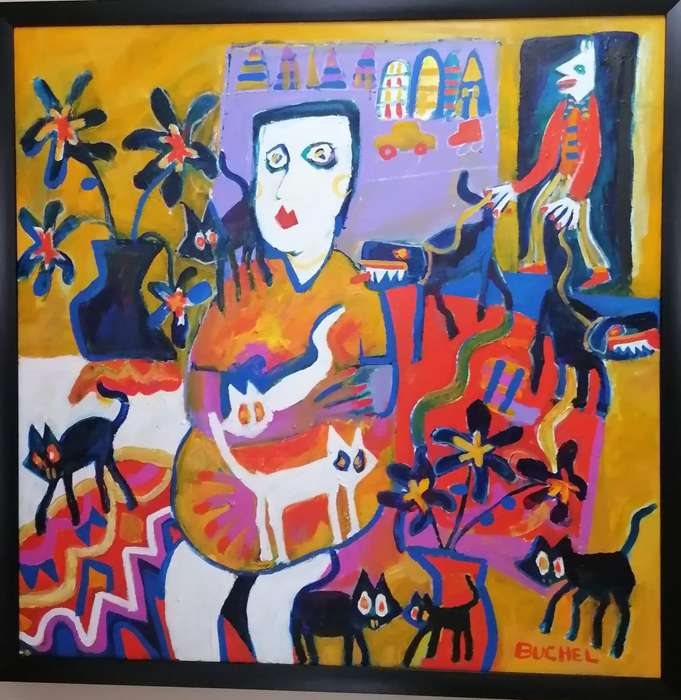 Elwin Buchel Acrylic Painting - Marina Cats  670mmx980mm Framed