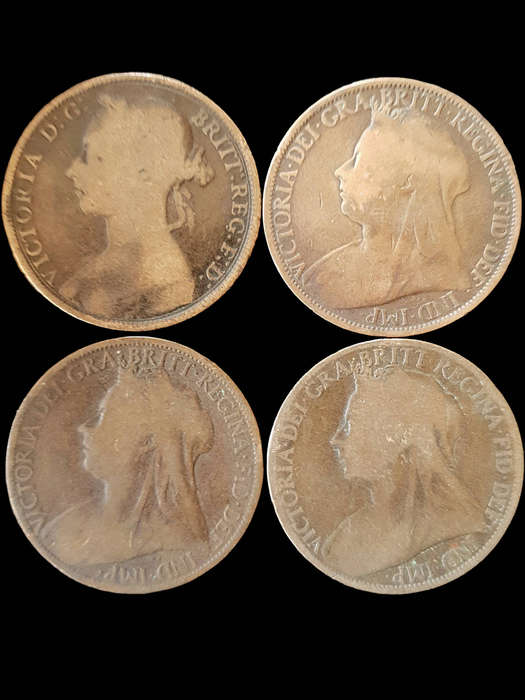 Lot of 4 Queen Victoria British Pennies (1800s)