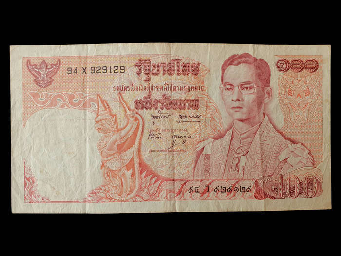 Vintage Thailand 100 Baht Banknote | Rare Collectible Radar Serial 94X929129