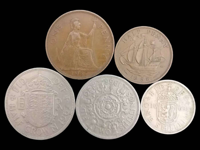 Lot of 5 Vintage British Pre-Decimal Coins Penny, Halfpenny, Shillings, Half Crown