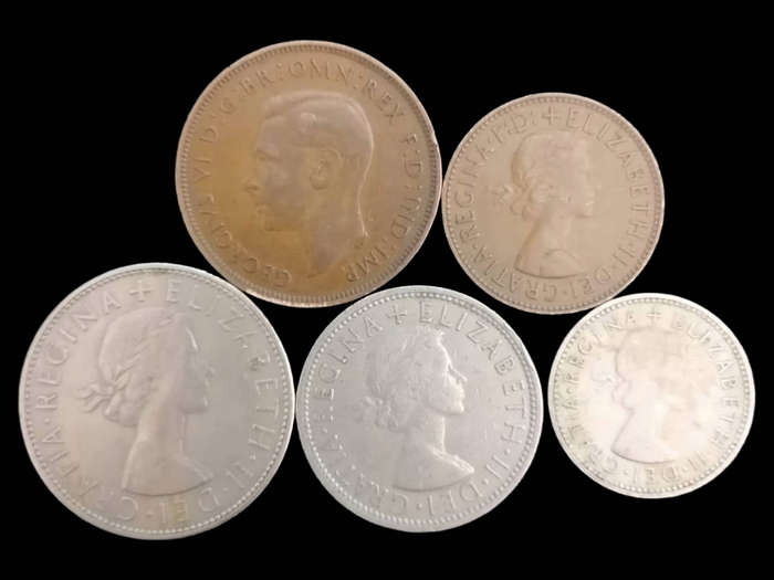 Lot of 5 Vintage British Pre-Decimal Coins Penny, Halfpenny, Shillings, Half Crown