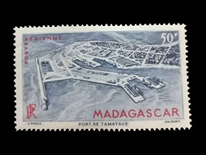 1946 Madagascar Airmail Stamp  50 Franc Blue  Port de Tamatave  Mint Hinged