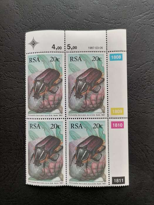 RSA 1987 Flower Beetle Stamp Block  20c (Trichostetha fascicularis) - Erik Holm