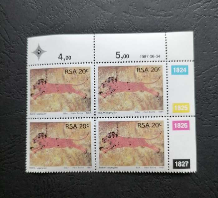 RSA 1987 Rock Art  Leaping Lion Stamp Block  20c  Hein Botha  MNH  Corner Block