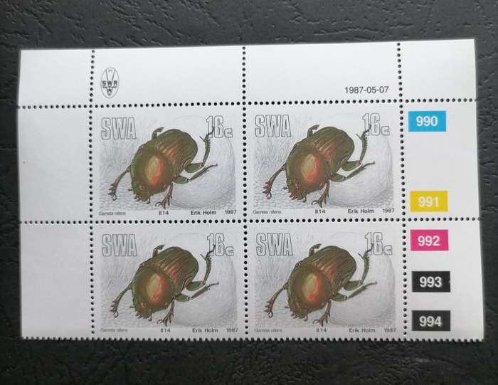 Rare 1987 SWA 16c Garreta nitens Beetle Stamps, Set of 4, Artist Erik Holm