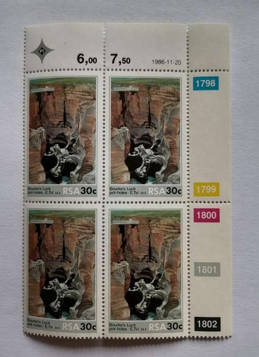 RSA 1986 30c Bourkes Luck Potholes Stamp Block of 4  Full Colour Guide & Date Margin  MNH