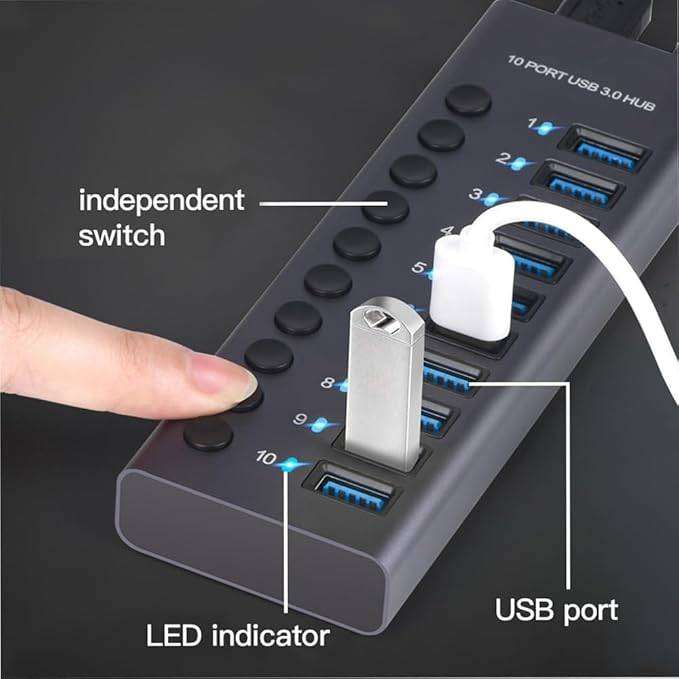 10 Port Aluminum USB 3.0 hub with 10 Port USB Data Transfer,72W24V/3APower Adapter USB Splitter I