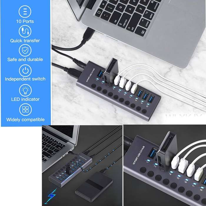 10 Port Aluminum USB 3.0 hub with 10 Port USB Data Transfer,72W24V/3APower Adapter USB Splitter I