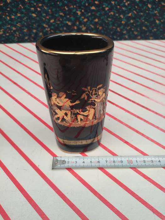Vintage Black Porcelain Vase 24K Gold with Greek Mythological Patterns - HANDMADE IN GREECE