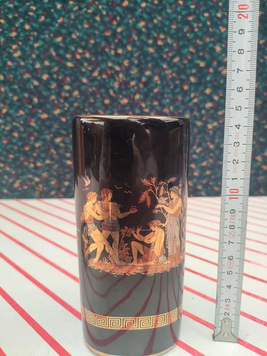 Vintage Black Porcelain Vase 24K Gold with Greek Mythological Patterns - HANDMADE IN GREECE