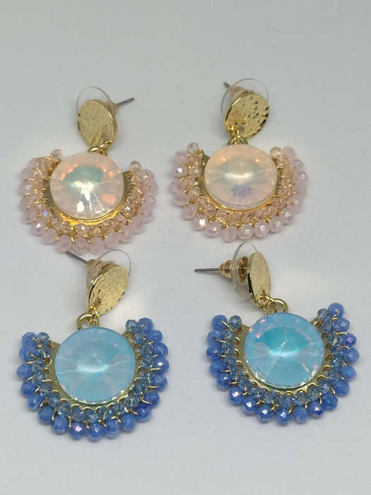 Earrings Beautiful Blue and Pink Beaded Fan-Shaped set of 2
