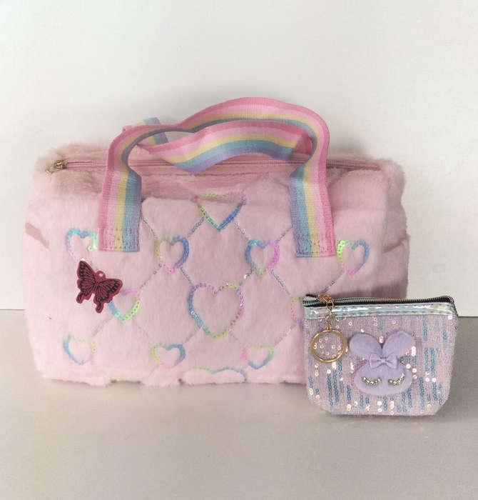 Fluffy Handbag and Glittery Purse Set