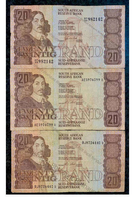 Three South Africa Twenty Rand Bank Notes 2 x CL Stals & 1 x GPC de Kock (1 bid takes all)